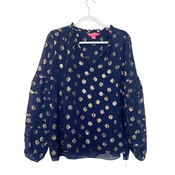 Lilly Pulitzer Giana Silk Blouse High Tide Gold Metallic Clip Navy Blue Size XL - Picture 4 of 11